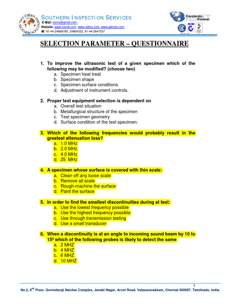 Ultrasonic Testing Procedure Questionnaire | PDF | Ultrasound | Waves