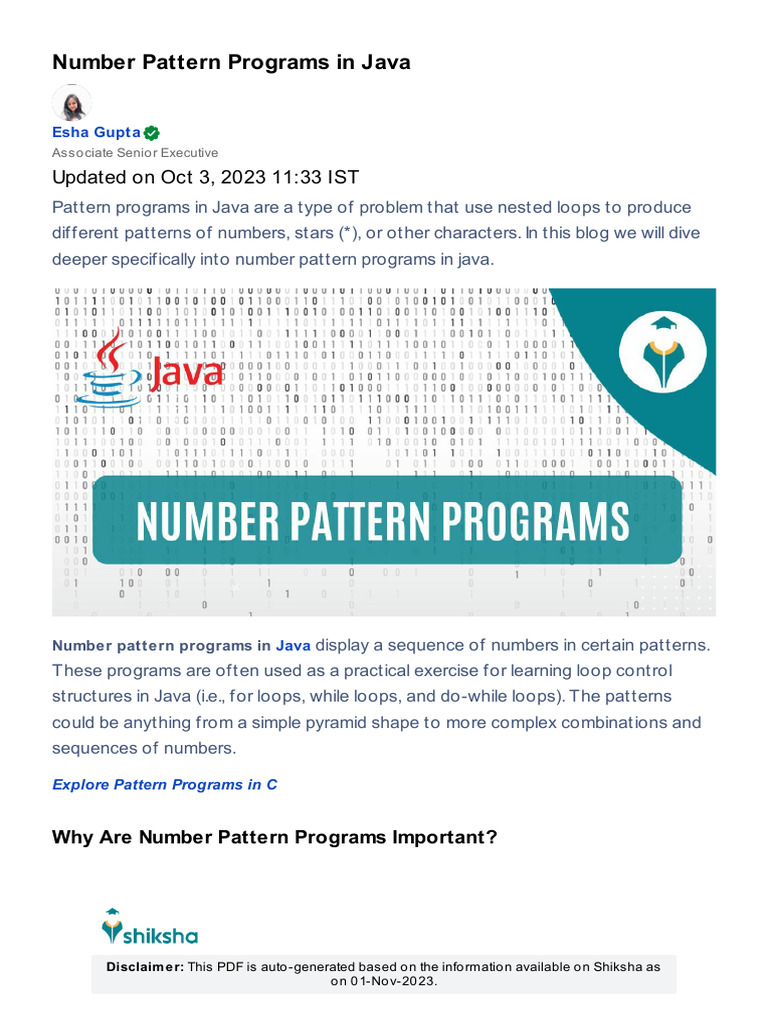 Number Pattern Programs in Java: Updated On Oct 3, 2023 11:33 IST | PDF