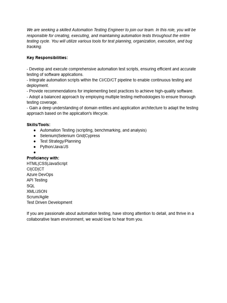 QA Automation Engineer - JD | PDF | Business | Computers