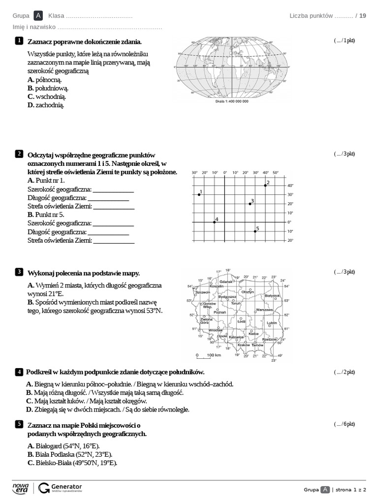 Współrzędne Geograficzne Test Klasa 6 Wspolrzedne Geograficzne Krótki Test | PDF
