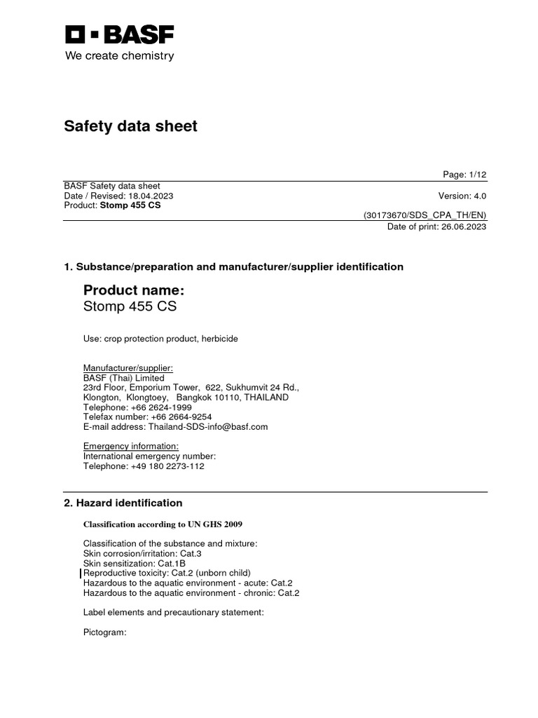 BASF Stomp 455 CS Safety Data Sheet | PDF | Toxicity | Dangerous Goods