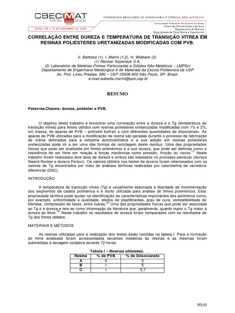Dureza e Tg em Resinas Modificadas com PVB | PDF | Polímeros | Temperatura