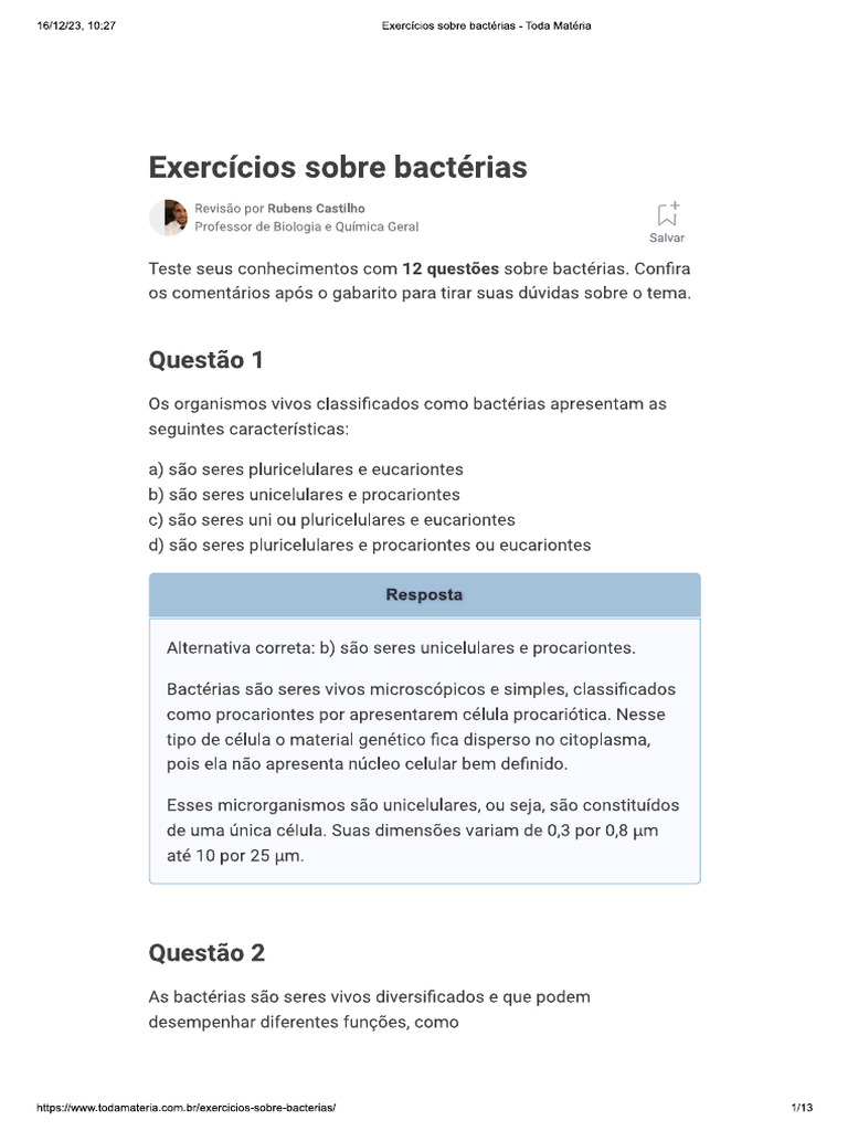 Exercícios Sobre Bactérias | PDF