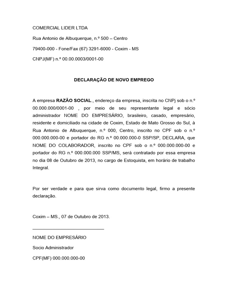 Declaração de Novo Emprego | PDF | Finanças e Administração de Capital