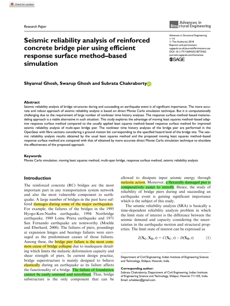 2018 - Ghosh Et Al. - Seismic Reliability Analysis of RC Bridge Pier ...