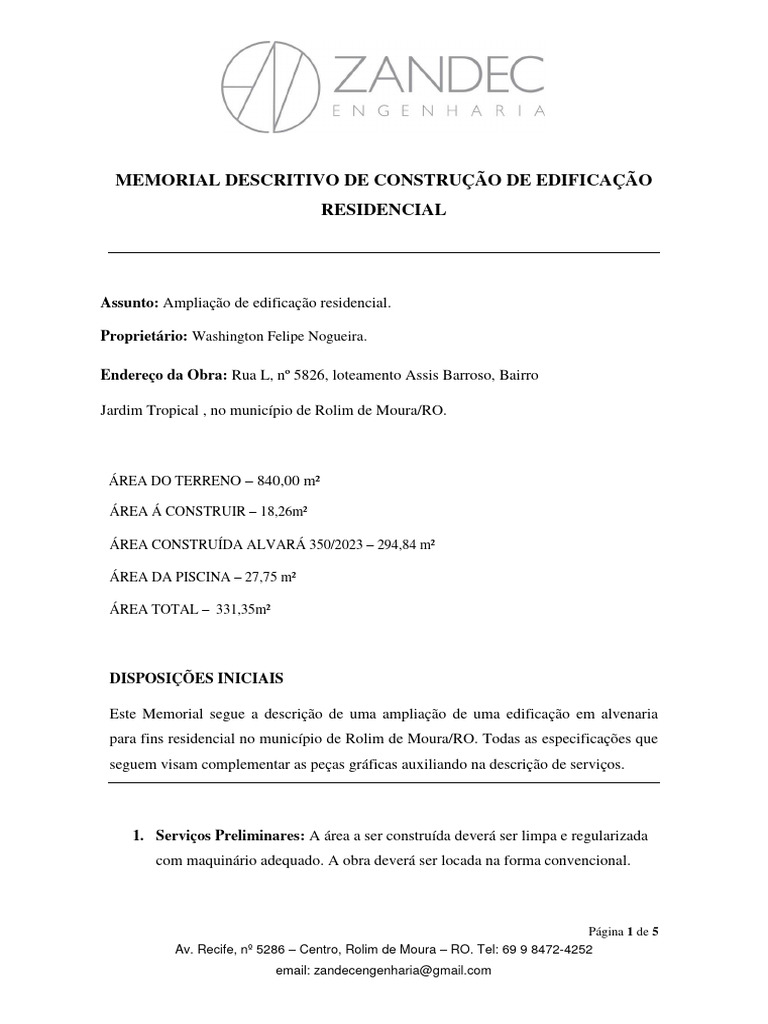 Memorial Descritivo de Ampliação Residencial | PDF | Alvenaria ...