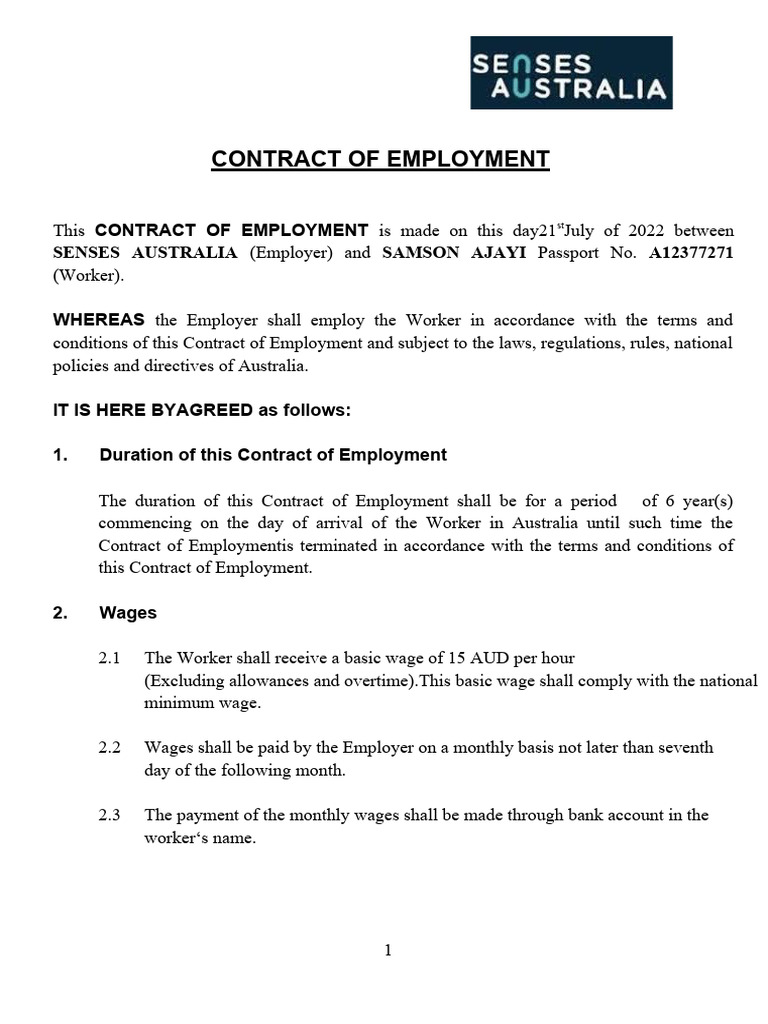 Contract of Employment 022252 | PDF | Employment | Labour Law