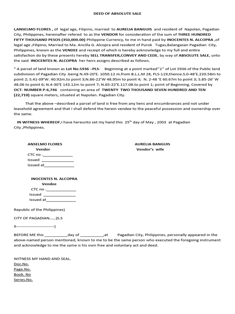 Deed of Sale and Lacknowledgement Receipt OF INOCENSTES N. ALCOPRA AND ANSELMO FLORES PDF