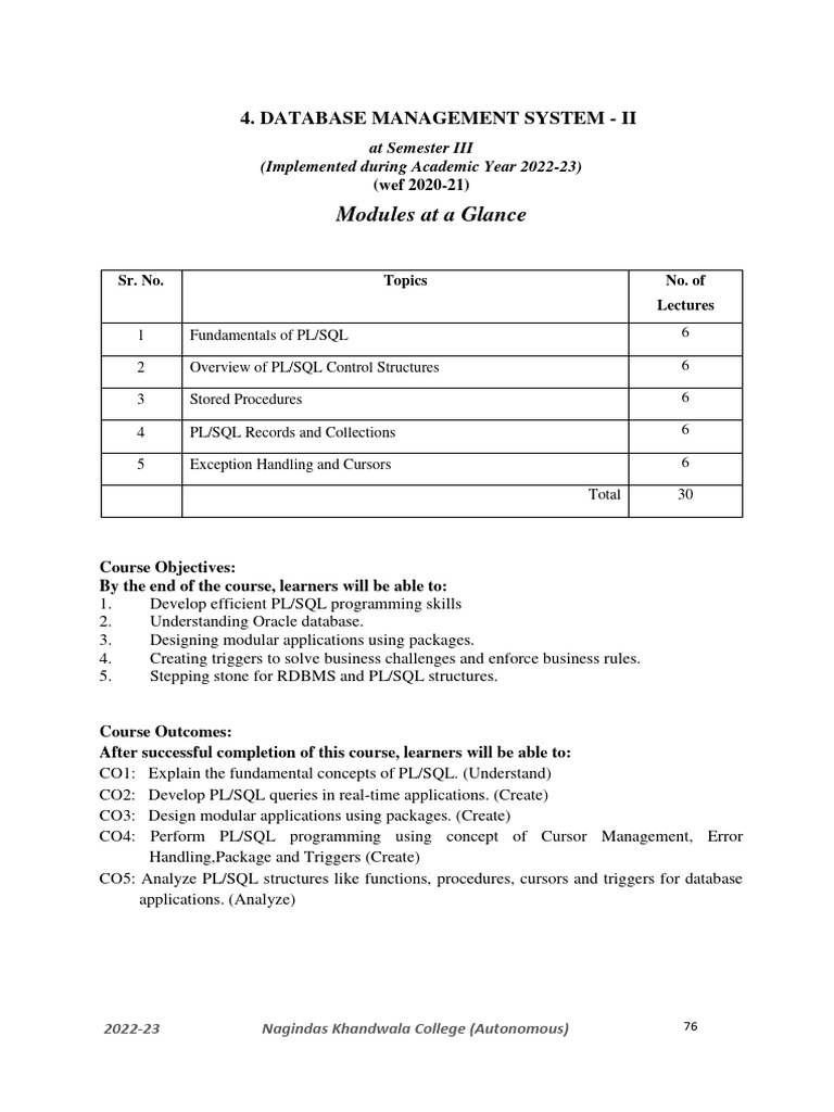 DBMS II Syllabus | Download Free PDF | Pl/Sql | Sql