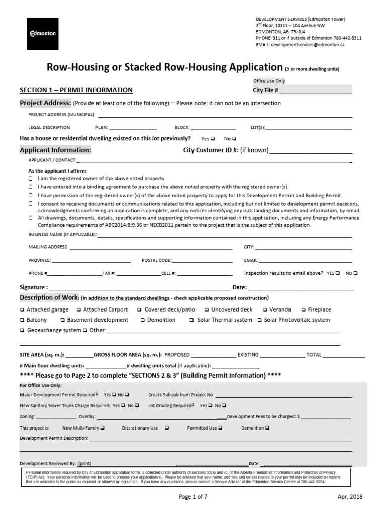 Row-Housing or Stacked Row-Housing Application: Section 1 - Permit ...