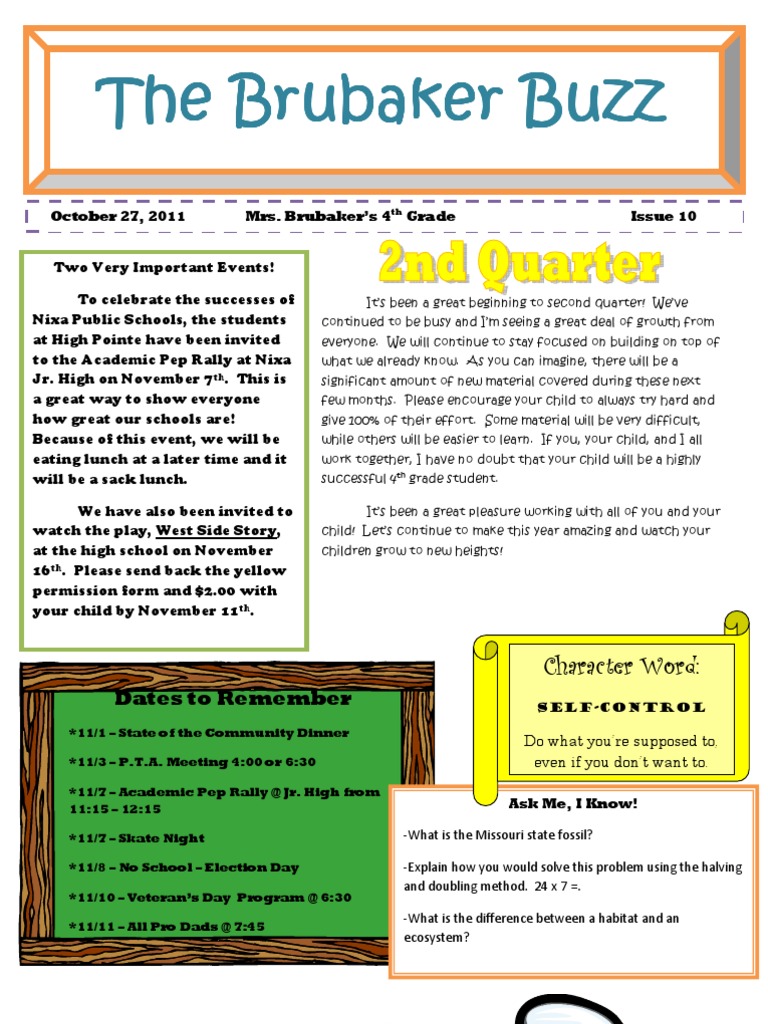4th Grade Newsletter 102711 | PDF