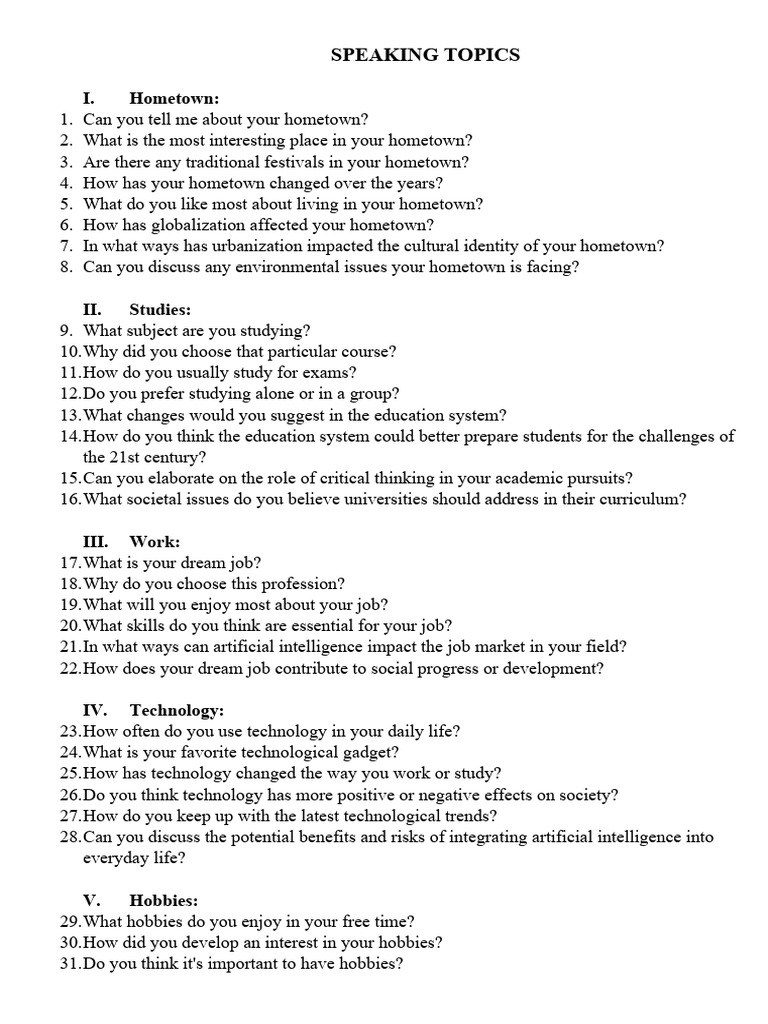 Comprehensive Guide to Speaking Topics | PDF | Sustainability | Tourism