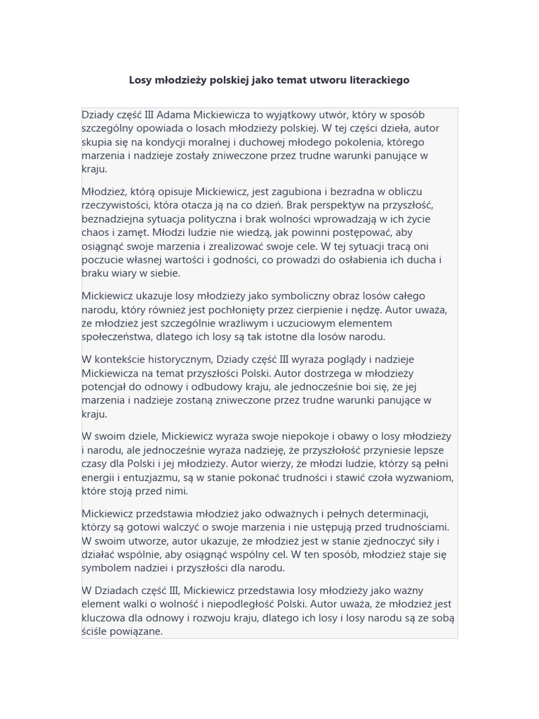Losy Młodzieży Polskiej Jako Temat Utworu Literackiego