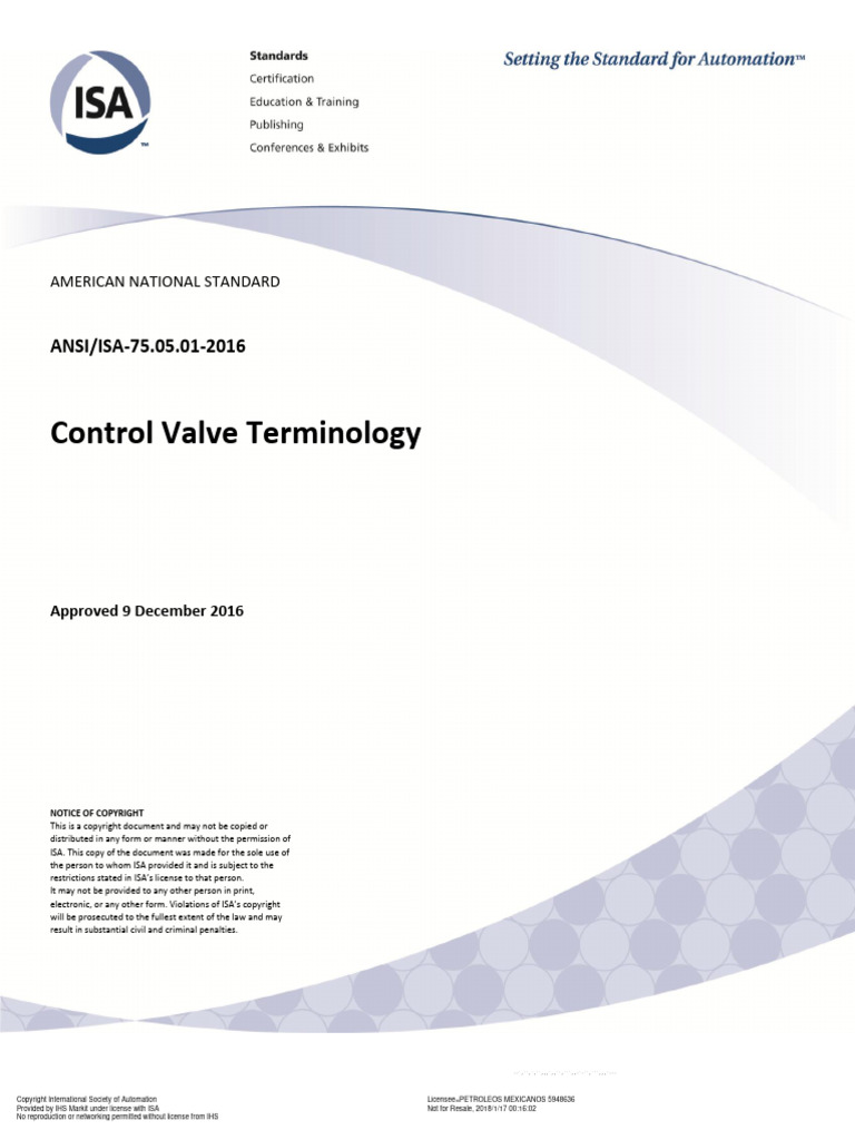 Ansi Isa 75.05.01 2016 Control Valve Terminology PDF Valve Actuator