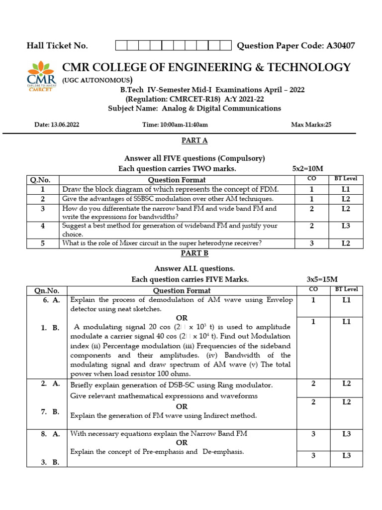 CMRCET B.Tech Mid-I Exam Paper | PDF | Frequency Modulation | Modulation