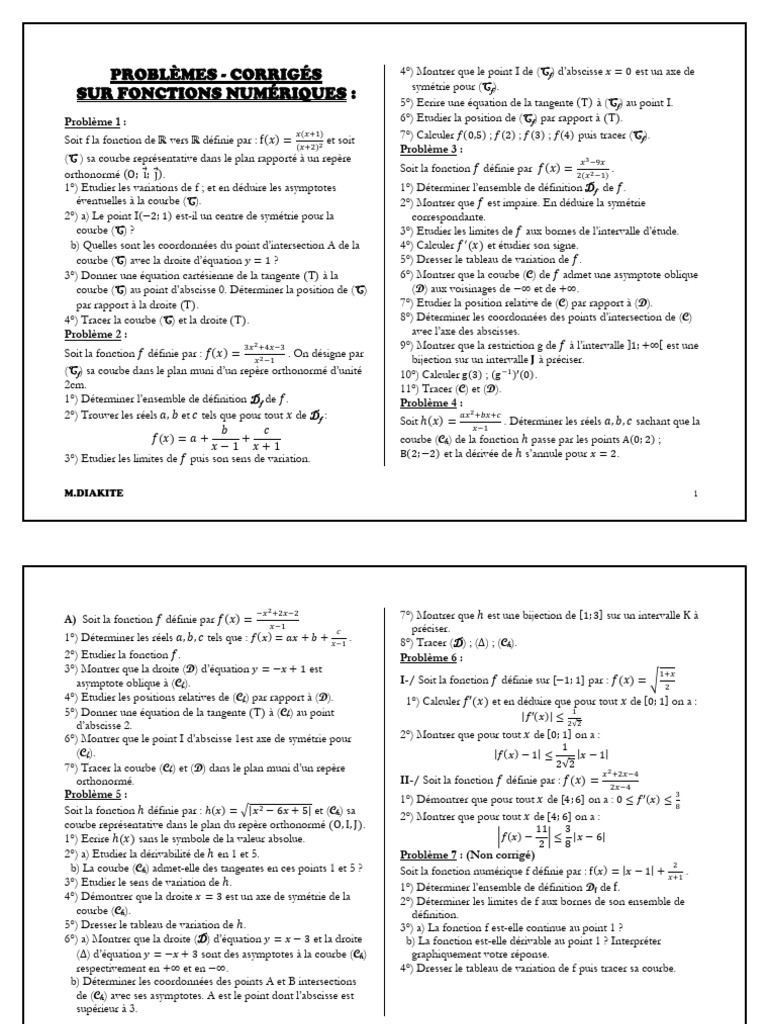 Problèmes Corrigés sur Fonctions Numériques | PDF | Fonction ...