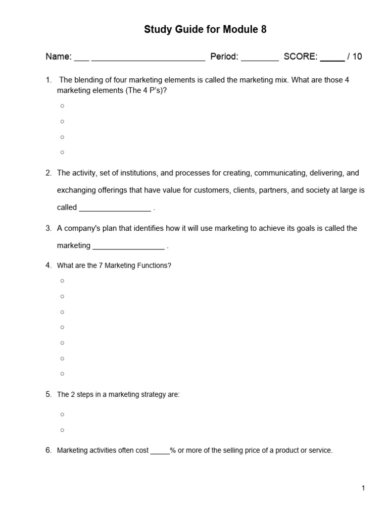Study Guide For Module 8 (Marketing) | PDF | Marketing | Prices