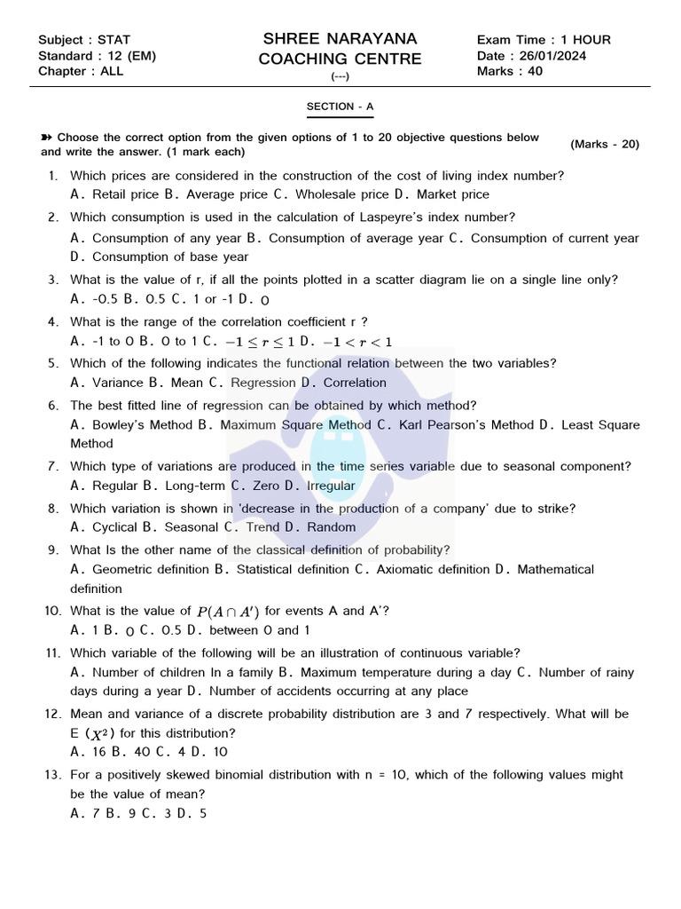 12th Grade Statistics Exam Paper | PDF | Cost Of Living | Variance