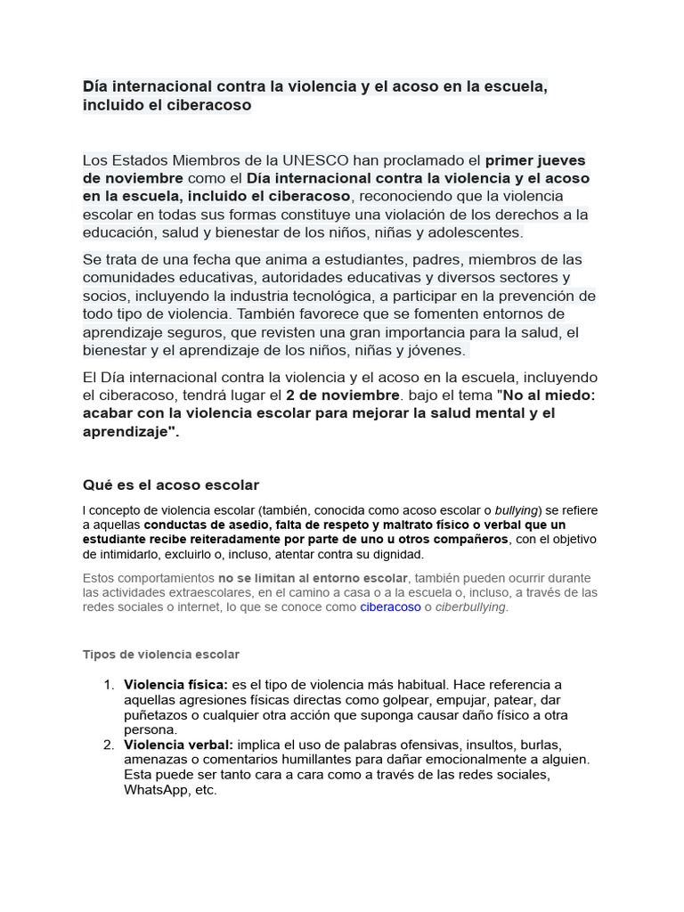 Día Internacional contra la Violencia Escolar | PDF | Acoso cibernético ...