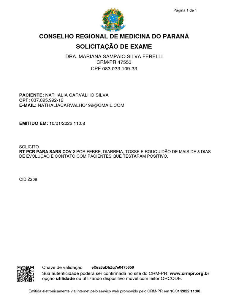 Solicitação de Exame RT-PCR CID Z209 | PDF