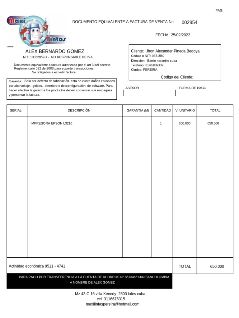 Factura Impresora Epson L3210 Pdf