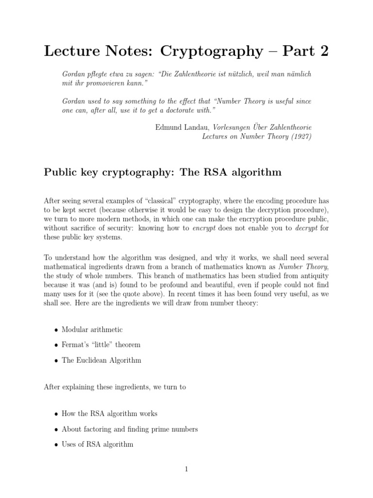 Lecture Notes: Cryptography - Part 2: Public Key Cryptography: The RSA ...