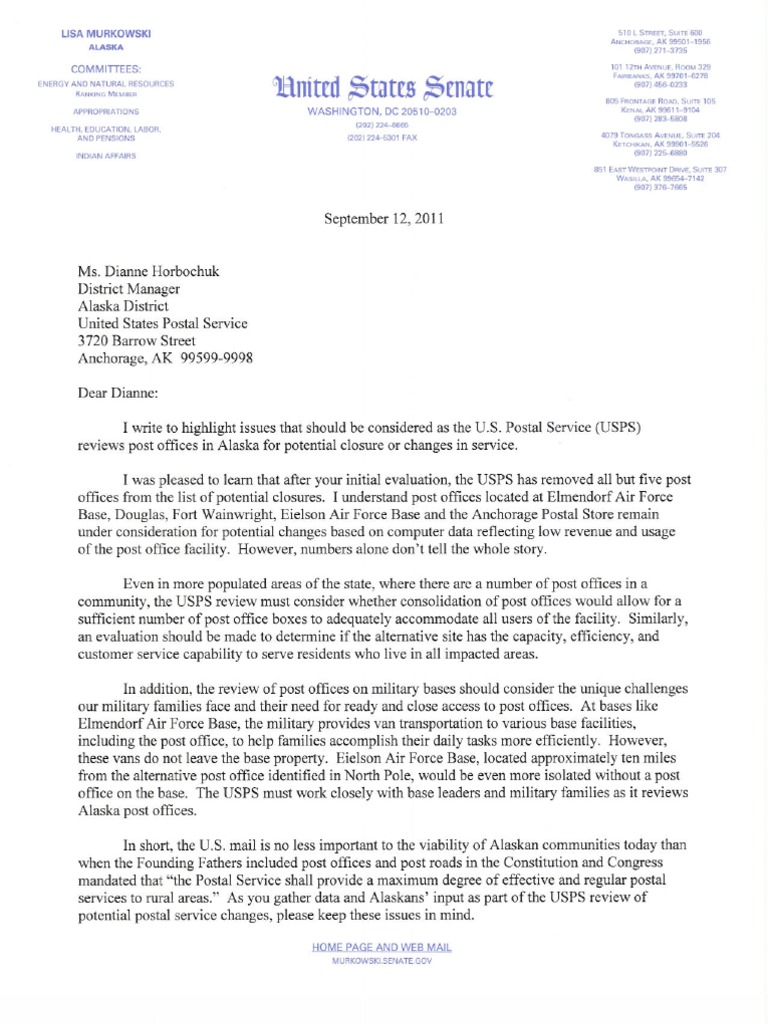 Sen. Murkowski Post Office Review Letter to Postmaster General 9/12/2011