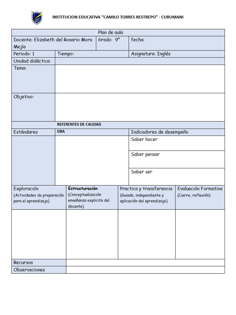 Plan de Aula Grado 9° | PDF | Maestros | Enseñando