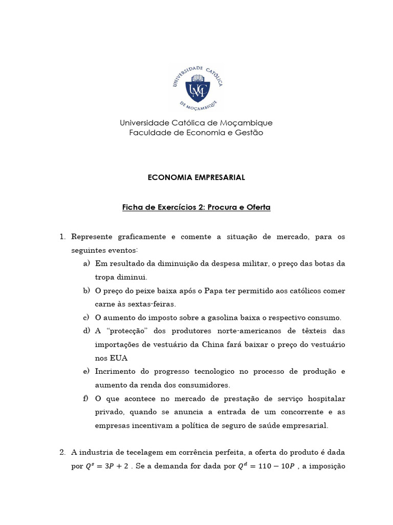 Exercícios sobre Procura e Oferta | PDF | Demanda | Elasticidade (economia)