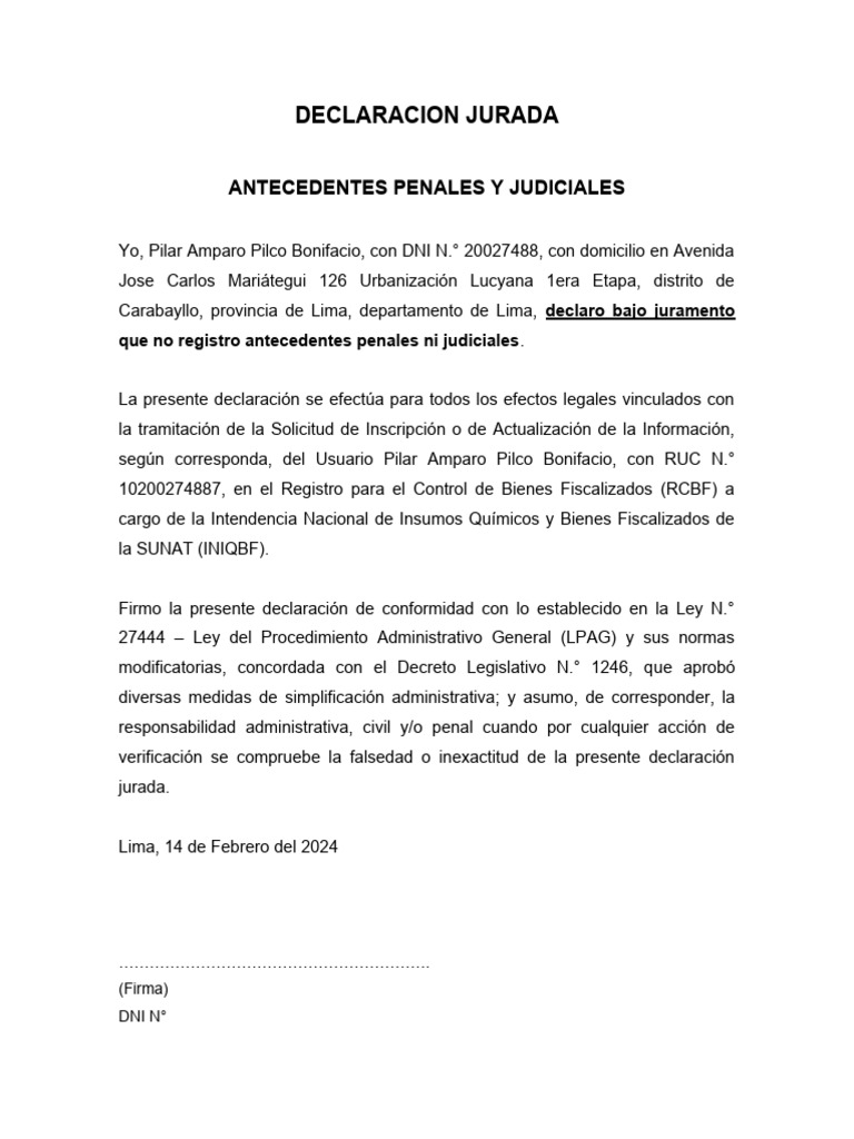 Modelo De Formato Declaraci N Jurada De No Tener Antecedentes Penales ...