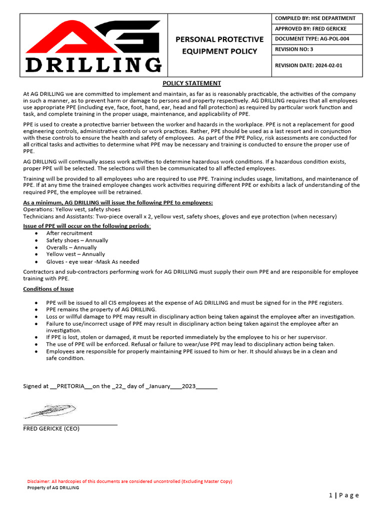 AG POL004Personal Protective Equipment Policy PDF Personal Protective Equipment