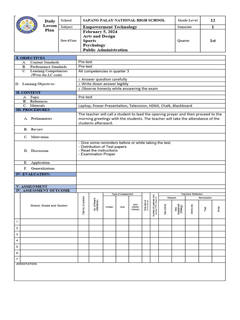 Grade 12 Empowerment Tech Pre-test Plan | PDF | Educational Assessment ...