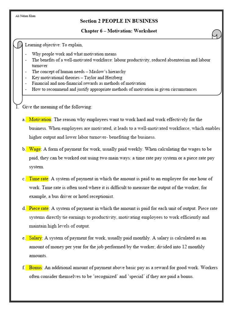 Chapter 6 Motivation - Notes | PDF | Employment | Motivation