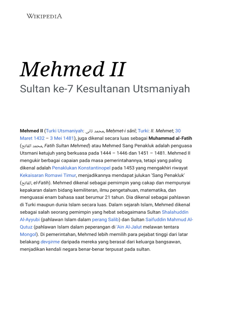 Mehmed II - Wikipedia Bahasa Indonesia, Ensiklopedia Bebas | PDF