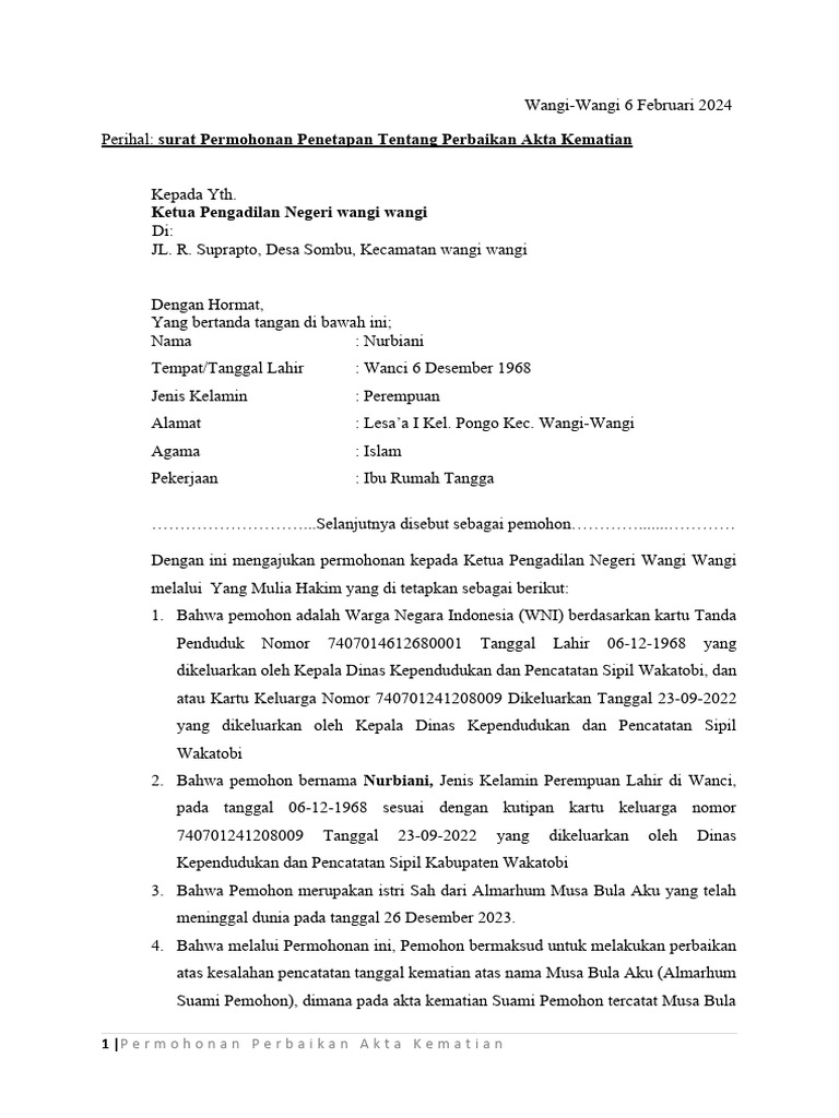 Surat Permohonan Perbaikan Akta Kematian Fix Pdf