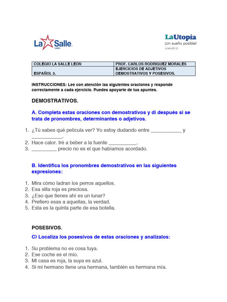 Ejercicios de Adjetivos Demostrativos y Posesivos | PDF | Artes del ...
