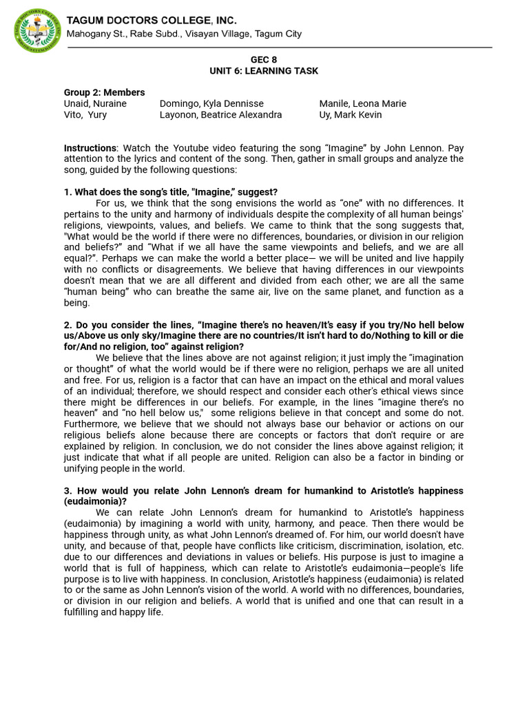 Analyzing Imagine By John Lennon Pdf Happiness Aristotle