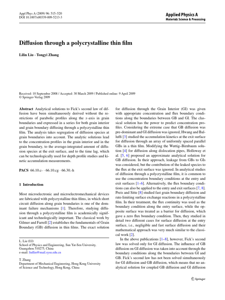 Diffusion Through A Polycrystalline Thin Film | PDF