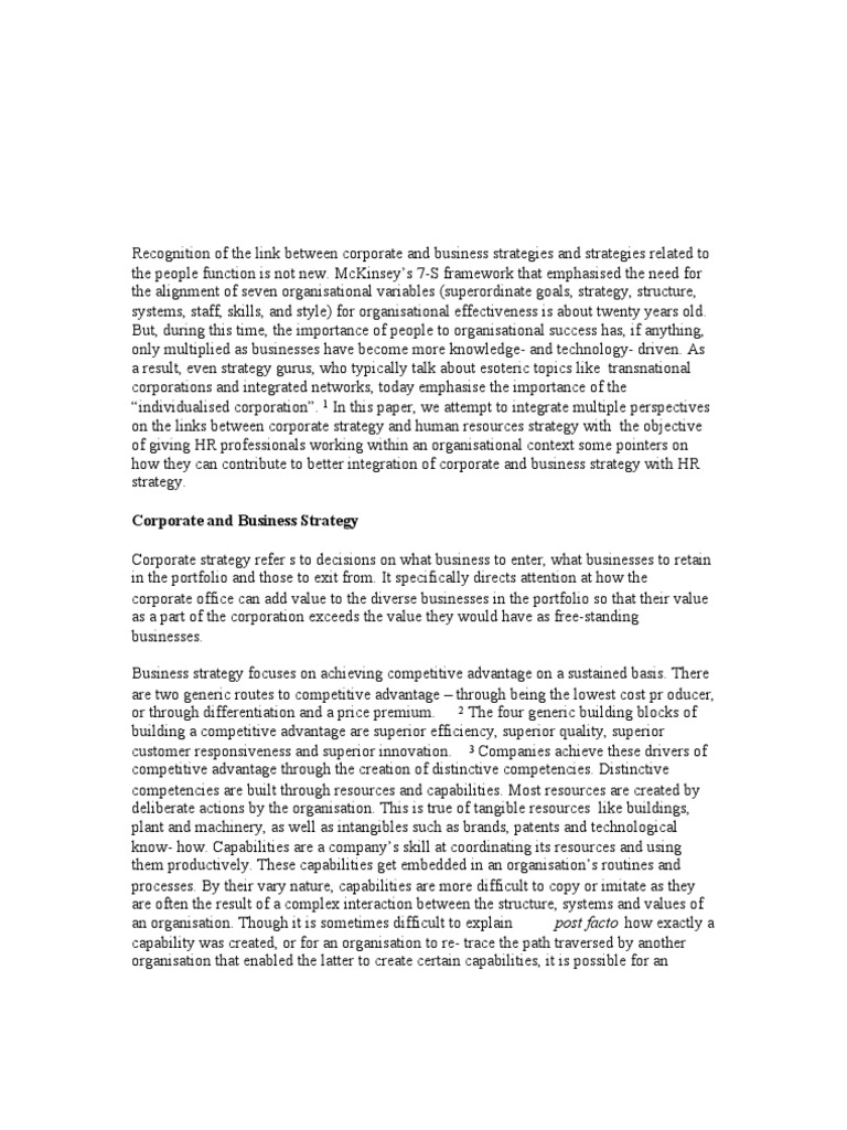 Linking Corporate Strategy And Hr Strategy Pdf Competitive
