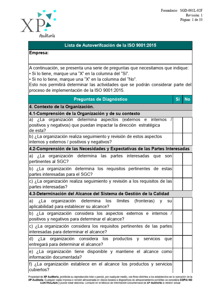 Lista de Autoverificación de La ISO 9001 2015 | PDF | Calidad ...