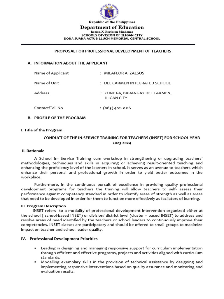 INSET 2023-2024 Training Proposal | PDF | Teachers | Learning