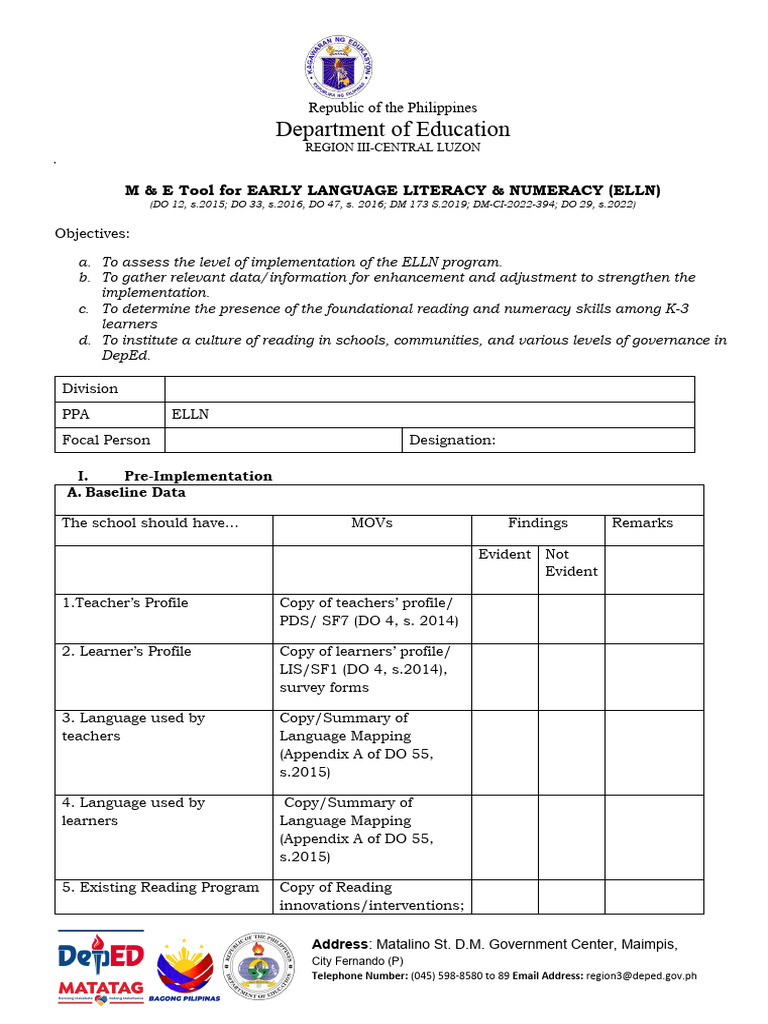 ELLN Program Monitoring and Evaluation Tool | PDF | Cognition | Human ...