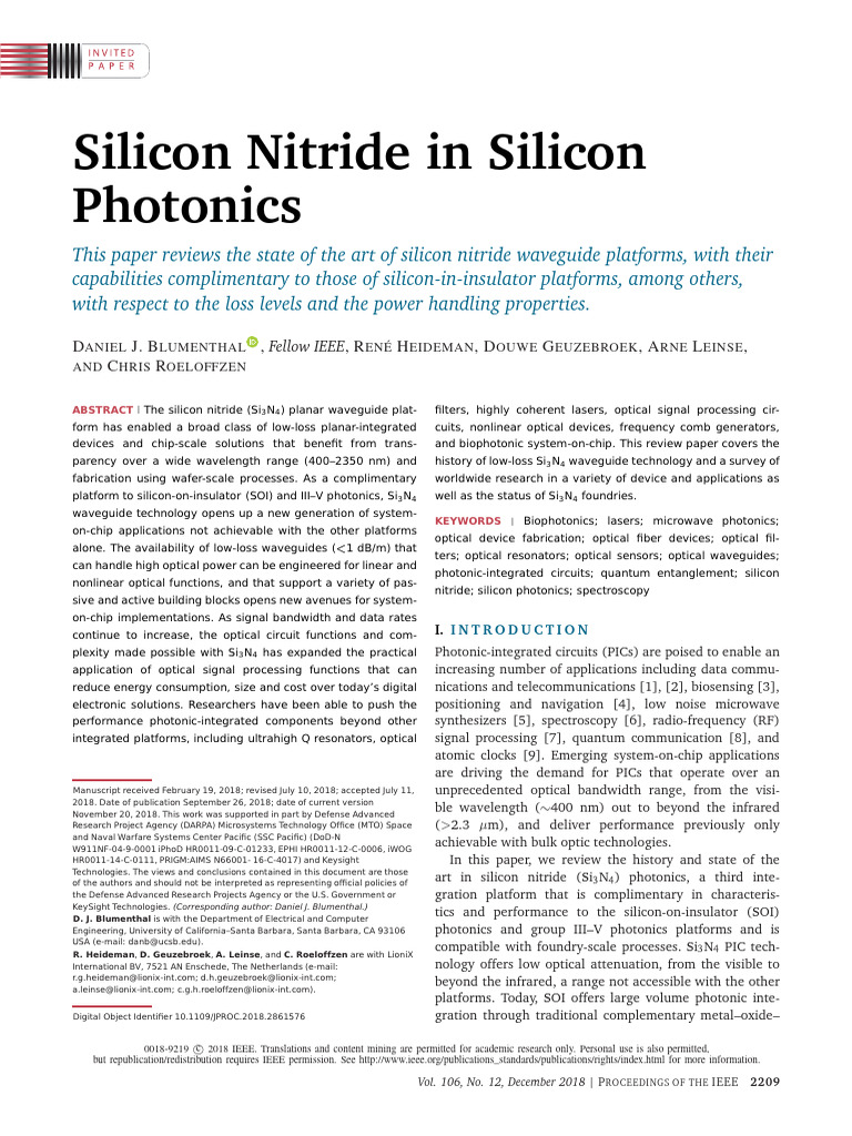 Silicon Nitride in Silicon Photonics | PDF | Laser | Photonics
