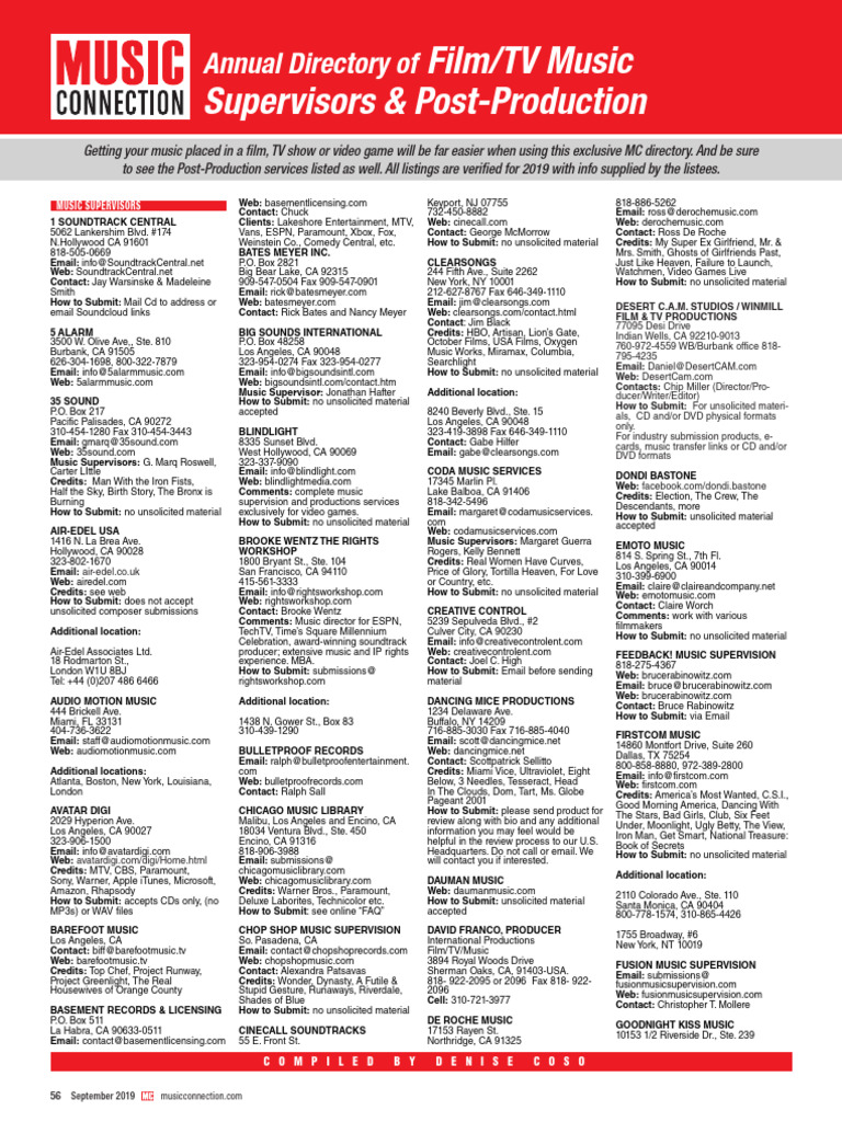 Music Supervisors Directory 2019 | PDF | Entertainment