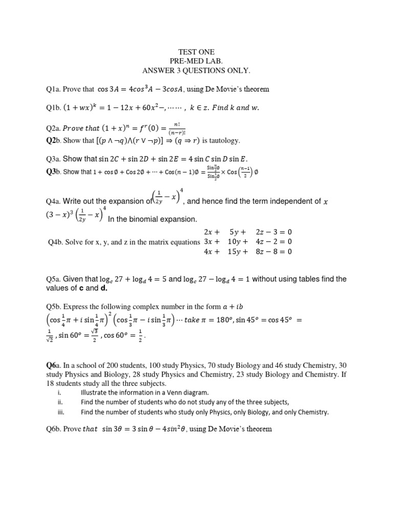 Pre-Med Lab Test Solutions and Proofs | PDF | Abstract Algebra ...