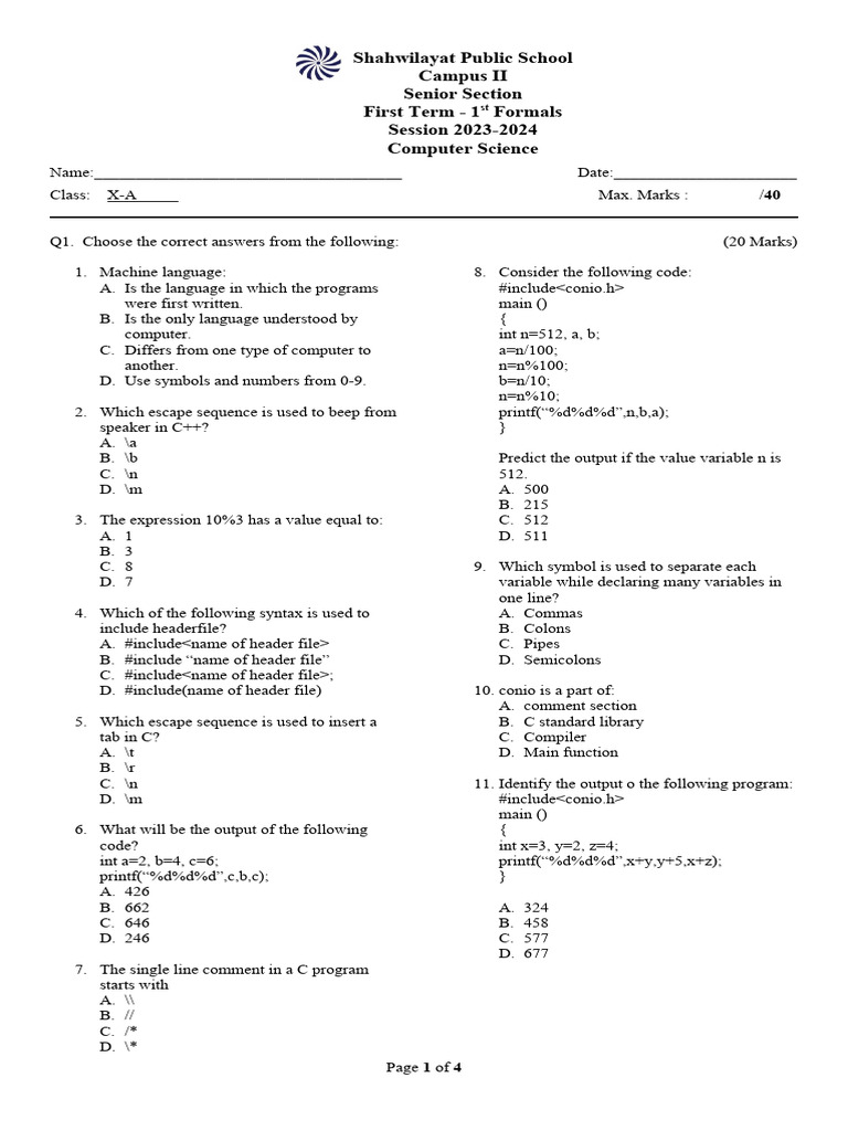 Computer Science Exam: C++ Basics | PDF | Computer Program | Programming