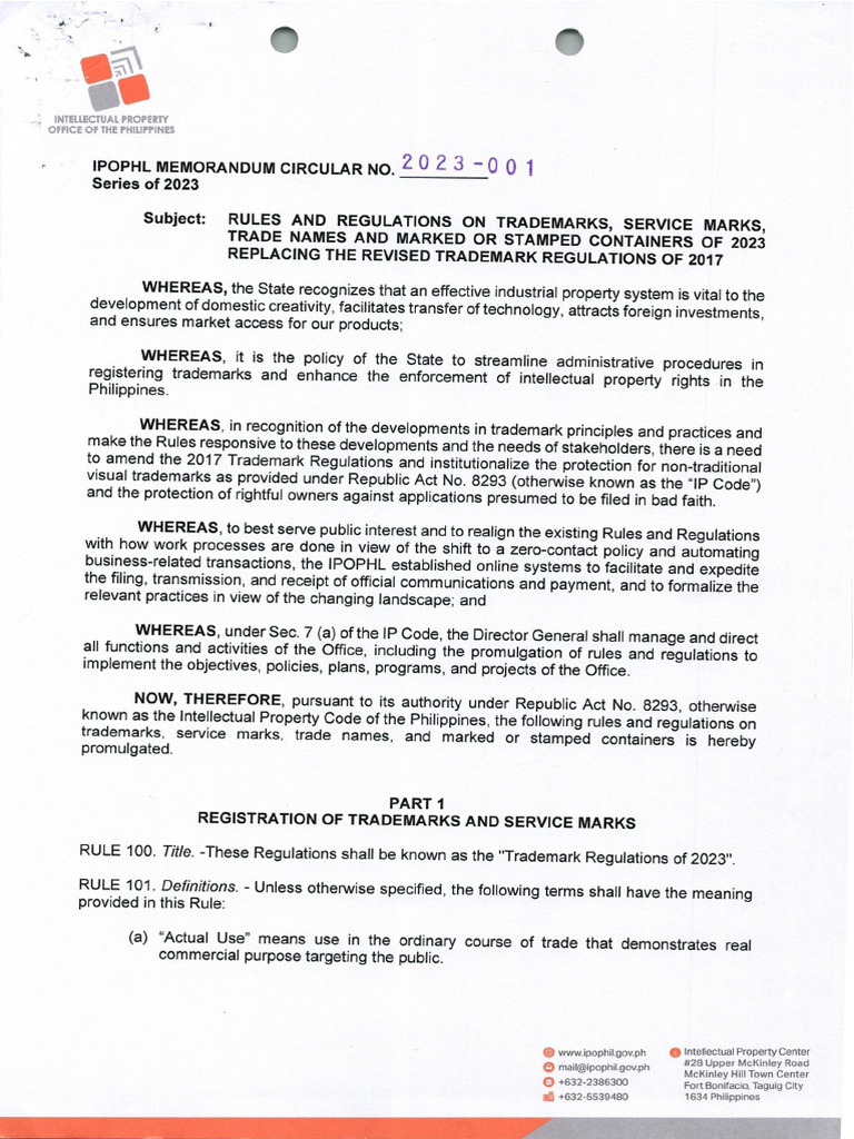 Ipophl Memorandum Circular No. 2023-001 - Rules and Regulations On TM ...