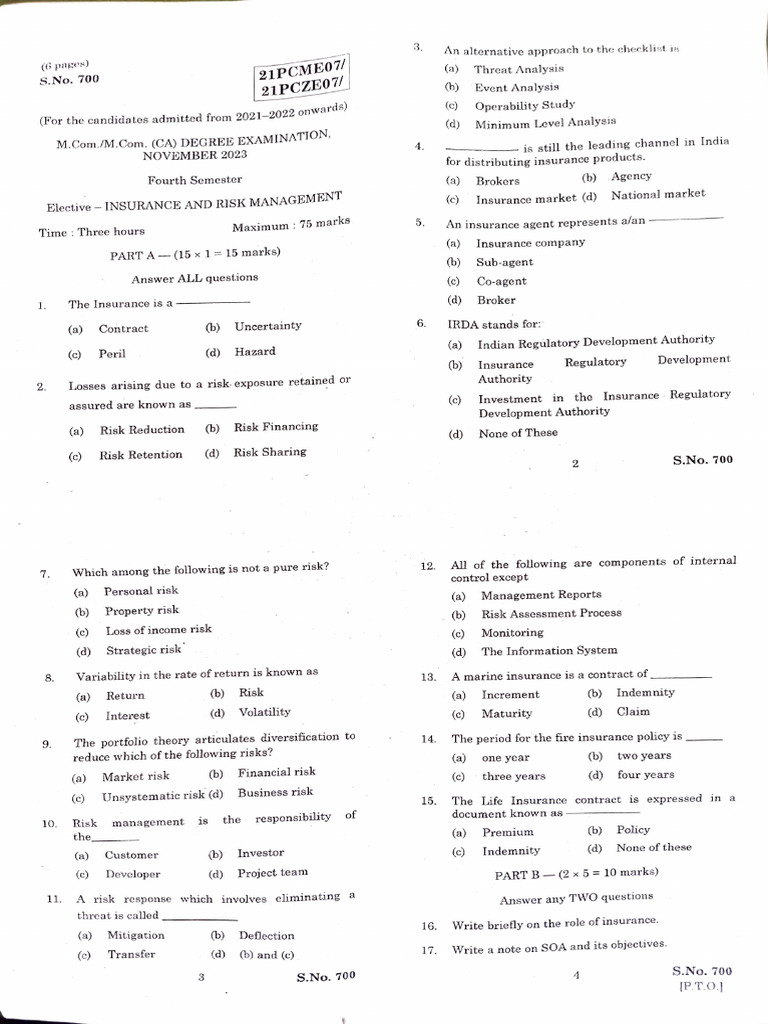 Risk Management Exam Questions & Answers | PDF | Insurance | Risk