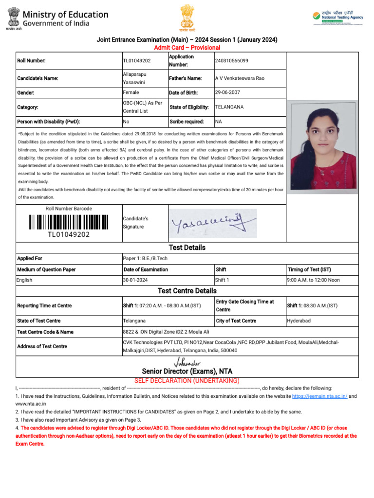 JEE Main 2024 Admit Card Details | PDF | Identity Document