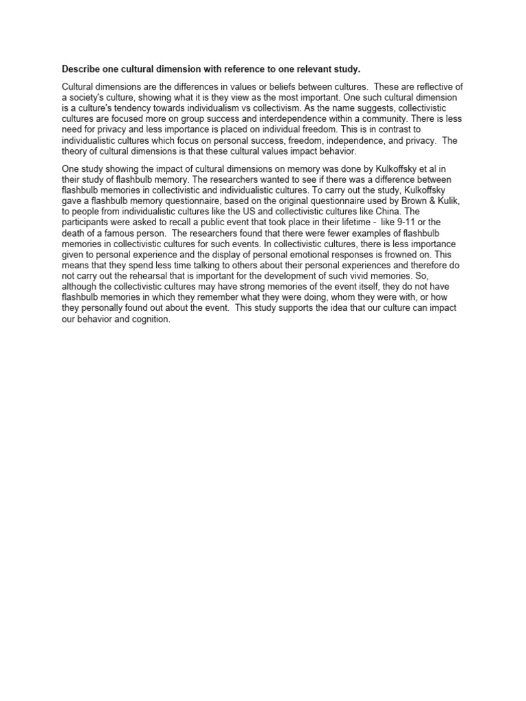 Describe One Cultural Dimension With Reference To One Relevant Study ...